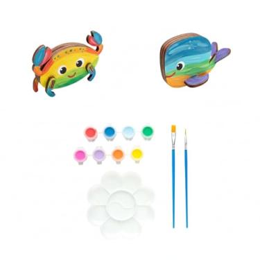 Imagem de Kit Quebra-Cabeça 3D em Madeira Fundo do Mar de Pintar Contém 2 Modelos de Animais Marinhos, 8 Tintas Guache e Pincéis, Brinquedo Educativo e Criativo para Crianças a Partir de 3 Anos