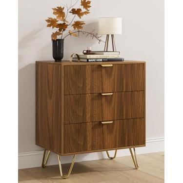 Imagem de AEPOALUA Cômoda canelada com 3 gavetas para quarto, cômoda pequena e moderna, cômoda de armazenamento, armário organizador para quarto, sala de estar, corredor (nogueira)