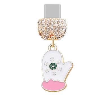 Imagem de ELISE & FONDA TP976 Tipo-C porta de carregamento cristal antipoeira luva de Natal com pingente de celular floco de neve para iPhone 15/16/Samsung/OnePlus/Xiaomi/oppo telefones Android (branco e rosa)
