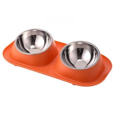 Imagem de Comedouro e bebedouro 2 em 1 inox Duplo para bicho de estimação cachorro ou gatos C/antiderrapante(Laranja)