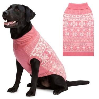 Imagem de ABFEKIEA Suéter para cachorro de Natal, roupas quentes de inverno para cães pequenos, médios e grandes, fofo padrão de floco de neve rosa com gola rolê, suéter de tricô para festas de fim de ano, uso