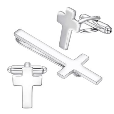 Imagem de Asienice Abotoaduras e prendedor de gravata prata com abotoaduras personalizadas cruzadas e conjunto de clipe de gravata para homens acessórios de terno