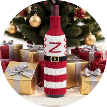 Imagem de Suéter de Natal para garrafa de vinho com letra A – Z, garrafas de manga de malha, decoração de mesa, reutilizável, roupa de garrafa estilo Papai Noel