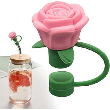 Imagem de Capas de palha de flor rosa de 10 mm para copo Stanley, capa de silicone à prova de poeira, pontas de canudo de flor, tampa de poeira para acessórios de 30 e 1,134 g (rosa escuro)