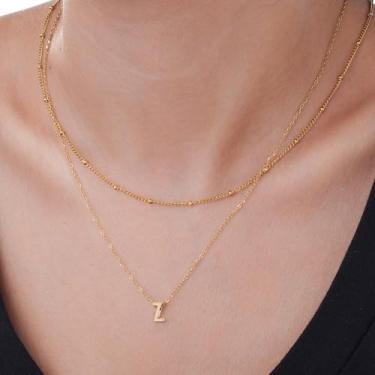 Imagem de Colar delicado com inicial A-Z - joia com pingente de letra de camada dupla com corrente ajustável, pingente minimalista personalizado para mulheres, perfeito para o dia a dia, F, Aço inoxidável, Sem