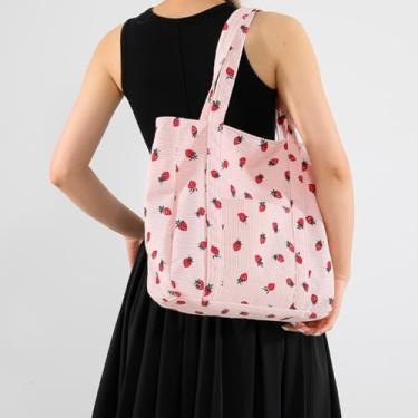 Imagem de Bolsa feminina de veludo cotelê, bolsa de ombro de lona com bolsos para viagem, trabalho, compras, academia, armazenamento mochila carteira, Morango rosa - A, Medium
