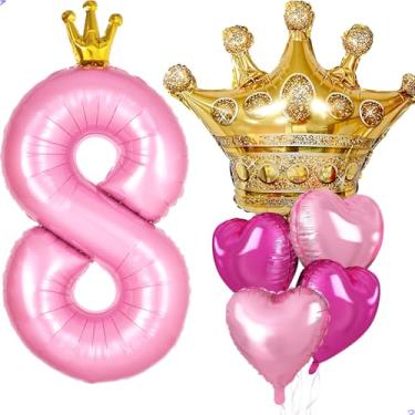 Imagem de Decorações de festa de 8 anos de princesa, coroa rosa grande de 101,6 cm, 8 balões para meninas, decorações de aniversário de princesa real, lembrancinhas de festa, aniversários (balão de aniversário