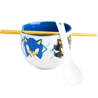 Imagem de Get Trend Sonic The HEDGEHOG Conjunto de 3 peças com pauzinhos de bambu, colher, tigela para crianças, adolescentes e adultos, tigela de 590 ml, segura para micro-ondas, presentes de jogadores para