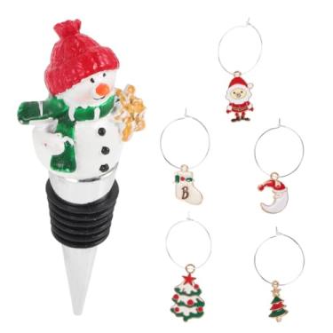 Imagem de Rolhas de garrafa de vinho reutilizáveis com anéis de copo, kit de rolha de vinho de metal com tema natalino, inclui 5 marcadores de vidro para festas de fim de ano, resina e metal (branco)