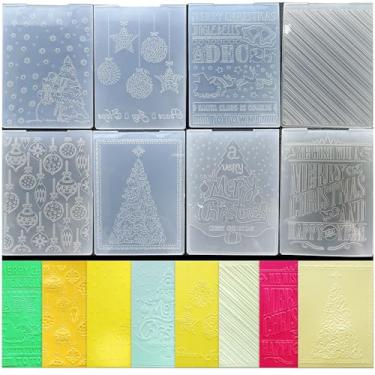 Imagem de Arbuya Conjunto de 8 pastas de gravação de Natal - Papai Noel, boneco de neve, árvore, bolhas, feliz ano novo, modelos de molde de textura de plástico para cartões comemorativos e etiquetas de