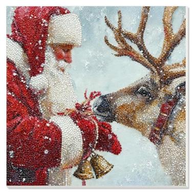Imagem de FYSUIMU Kits de pintura de arte de diamante 5D de Natal, alce de Papai Noel, faça você mesmo, broca redonda completa, cristal, strass, pintura, arte em tela emoldurada para adultos, artesanato, parede