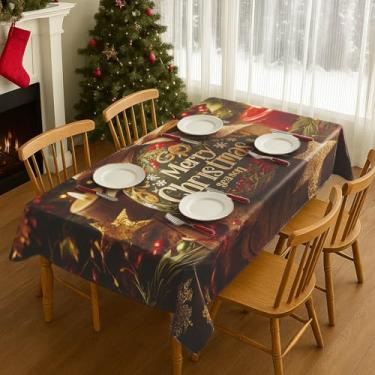 Imagem de HOMETITUTE Toalha de mesa retangular de 203 x 152 cm, enfeite rústico verde e dourado com estampa de Feliz Natal, pano de sala de jantar festivo de inverno, decoração de festa de Natal