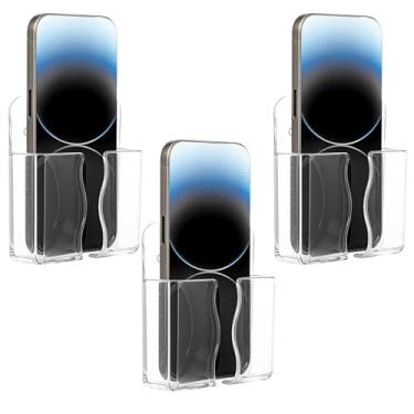 Imagem de YBEATY Suporte de telefone de parede transparente autoadesivo organizador de cabeceira com orifício de carregamento, suporte de controle remoto compatível com a maioria dos smartphones para