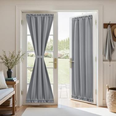 Imagem de HOMEIDEAS Cortina de porta francesa blackout, cortinas de janela de privacidade, persianas com isolamento térmico com amarração para frente, luz lateral, porta de vidro, cinza claro, 66 cm L x 203 cm