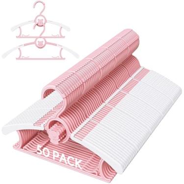 Imagem de Eunhdet Pacote com 50 cabides infantis para armário de berçário, cabides ajustáveis antiderrapantes para bebês com fivela à prova de vento, cabides de plástico para bebês de 28 a 35 cm, rosa