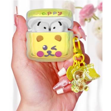 Imagem de Boaretiu Capa para Airpods 4 2024 para mulheres, meninas, meninas, fofa, kawaii - Capa feminina elegante com design de urso amarelo com mosquetão e Kaychain para Air pods 4