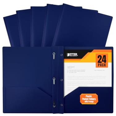 Imagem de Better Office Products Pastas de plástico azul com 2 bolsos com pinos, peso pesado, pastas de poliéster tamanho carta, pacote com 24, com 3 clipes de fixador, azul