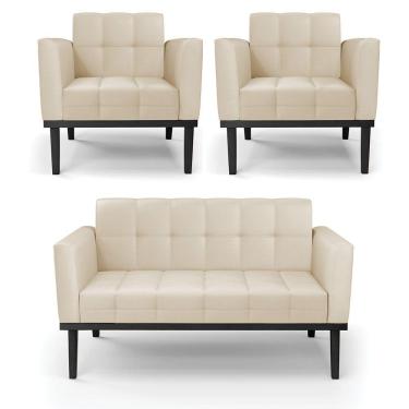 Imagem de Conjunto 2 Poltronas E 1 Namoradeira Decorativa Karen Pés Fixo Em Madeira Preto Pu Bege G19 - Gran Belo