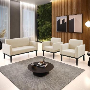 Imagem de Conjunto 2 Poltronas E 1 Namoradeira Decorativa Pés Fixo Em Madeira Preto Suede Bege