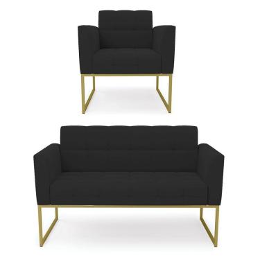 Imagem de Kit 1 Sofá Namoradeira E 1 Poltrona Veludo Base Metálica Industrial Dourado - D\'rossi Cor Preto