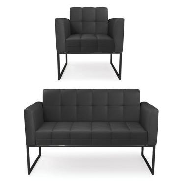 Imagem de Kit 1 Sofá Namoradeira E 1 Poltrona Elisa Corino Preto Base Metálica Industrial Preto - D'rossi