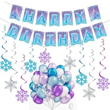 Imagem de Decorações de festa de aniversário Frozen, redemoinhos de floco de neve com balões roxos e azuis para tema de princesa de inverno, faixa de aniversário, suprimentos de decoração de festa