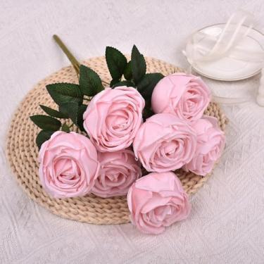 Imagem de Flores artificiais - flor de seda com folhas rosa claro arranjos florais falsos para casa de banho escritório mesa centro de mesa prateleira decoração de casamento
