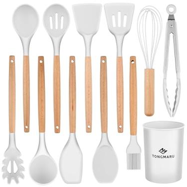 Imagem de TONGMARU Conjunto de 12 utensílios de cozinha, conjunto de utensílios de cozinha de faia premium, conjunto de utensílios de cozinha de silicone antiaderente, conjunto de espátula com suporte,
