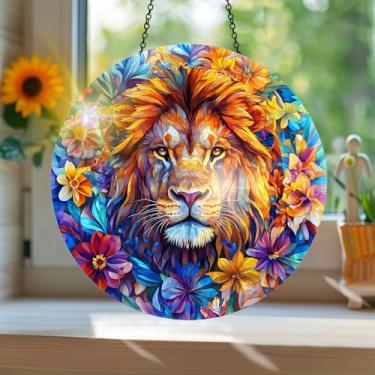 Imagem de Apanhador solar de acrílico colorido, estilo vitral com estampa de leão animal com reflexos de arco-íris, arte de parede para decoração de janela suspensa, ornamentos de Natal para uso interno e