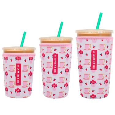Imagem de Pacote com 3 capas reutilizáveis para xícara de café gelada, manga de neoprene de café para bebidas geladas e quentes, manga de café compatível com Starbucks, xícara de café Dunkin (cereja e xícara)