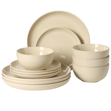 Imagem de Gibson Home Rockaway 12 pratos e tigelas de esmalte fosco serviço para 4 utensílios de jantar - creme quente - seguro para lava-louças e micro-ondas