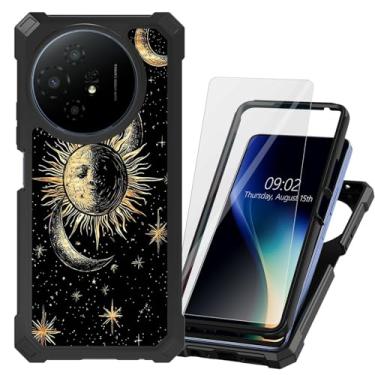 Imagem de DHYYDSQZ Capa para celular TCL 50 XL 5G para TCL 50 XL NxtPaper com protetor de tela de vidro temperado, capa protetora de TPU híbrido de camada dupla resistente, arte sol lua estrela à prova de