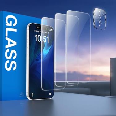 Imagem de [Pacote com 3+1] Pacote com 3 protetores de tela + 1 pacote com protetor de lente de câmera para iPhone 16 Pro, cobertura total, dureza 9H, vidro temperado, transparente HD, resistente a arranhões