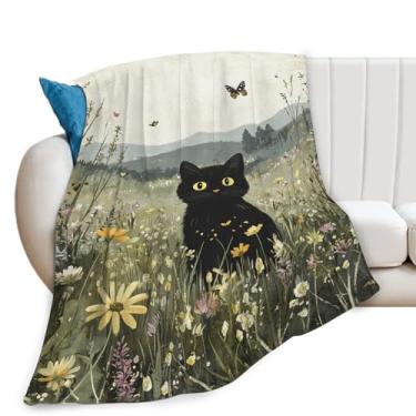 Imagem de Cobertor de gato preto floral flores silvestres cobertores presentes para meninas meninos crianças amantes de gatos macio aconchegante pelúcia de lã para sofá cama 127 x 101 cm