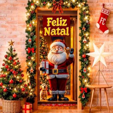 Imagem de Capa de Porta Decoração de Natal 3D Veste Fácil Tecido Premium Sublimado e Alta Definição Enfeite Casa Hall Natalina (Papai Noel Mod.2)