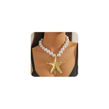 Imagem de Colar grande com pingente de estrela do mar banhado a ouro para mulheres, grosso, estrela-do-mar, gargantilha de pérola, colar de contas de estrela do mar, joias de praia, presentes, Large, Metal, Sem