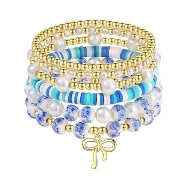 Imagem de Pulseira de laço de ouro para mulheres, pulseiras com pingente de laço de pérolas, pulseiras elásticas com contas douradas, joias modernas para mulheres, One Size, Liga de aço, Sem Pedra Preciosa