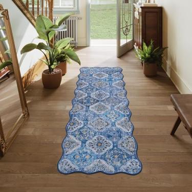 Imagem de Clemile Tapete Boho de 0,6 x 1,8 m, exclusivo recortado ultrafino, macio, lavável, antiderrapante, resistente a manchas, leve, para sala de estar, quarto, sala de jantar, escritório (azul marinho)