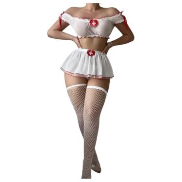 Imagem de SOLY HUX Conjunto de lingerie feminina de enfermeira, 5 peças, tops cropped e minissaia com babados, roupas de cosplay para festa de Halloween, Vermelho e branco., Large