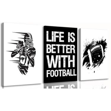 Imagem de 3 peças arte de parede em tela de futebol americano preto e branco rúgbi decoração de parede pintura inspiradora arte esportes impressões para meninos quarto vestiário dormitório sala de estar