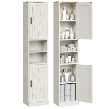 Imagem de YATINEY Armário de banheiro alto com 2 portas de celeiro, armário de armazenamento de fazenda com prateleiras ajustáveis, organizador independente de armazenamento de banheiro para pequenos espaços