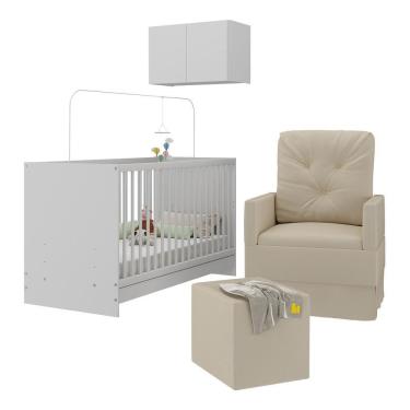 Imagem de Berço 3 Em 1 Com Poltrona Amamentação Puff e Armário Aéreo 2 Portas Mp4148 Branco-bege