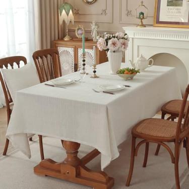 Imagem de Toalha de mesa de linho natural, toalha de mesa retangular estilo fazenda, tecido jacquard texturizado, capa de mesa lavável para mesa de jantar, cozinha de fazenda (trama vertical áspera, 213 x 152