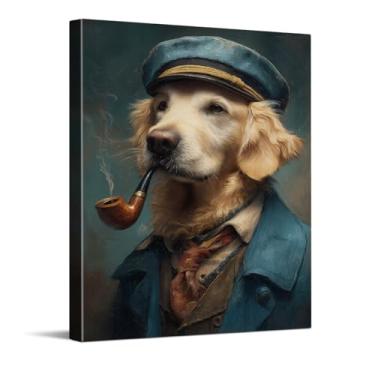 Imagem de CYFDYVT Retrato de Capitão de Cachorro Vintage com Cachimbo Clássico Golden Retriever Impressão de Arte de Parede para Decoração de Escritório Doméstico Elegante Ilustração em Tela 20 x 25 cm