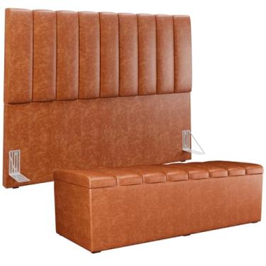 Imagem de Kit Cabeceira Cama Box Casal King 195cm com Calçadeira Baú Dália W01 Couríssimo Camel - Lyam