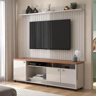 Imagem de Rack Com Painel Dallas Para Tv Até 75 Polegadas 3 Portas E Rodízios Off White/jequitibá - Lukaliam