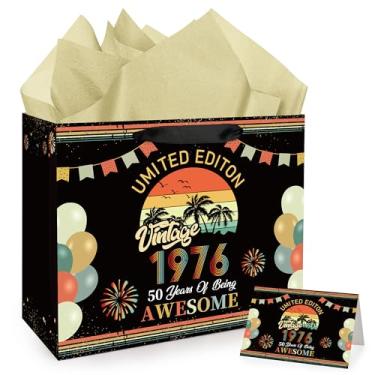 Imagem de Hokinaa Bolsa de presente de aniversário de 50 anos - Decorações de festa retrô grande vintage pôr do sol com 3 peças de papel de seda e cartão comemorativo Happy Bday Cheers para 50 anos de idade em