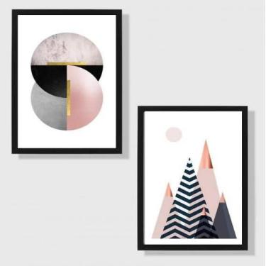 Imagem de Kit Quadro Decorativo Geométrico Rosê E Preto 45x34 2 Peças - Quadros 
