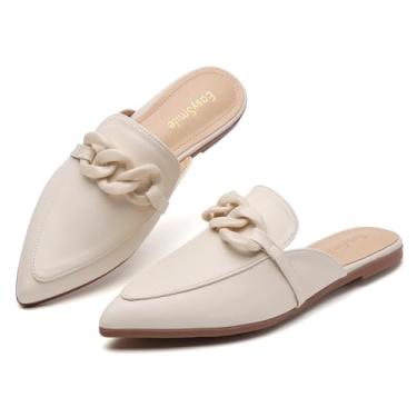 Imagem de EasySmile Mules planos de decoração de corrente de plástico para mulheres bico fino fechado sem cadarço mocassins sem encosto mules sapatos, Corrente fosca - bege, 7.5