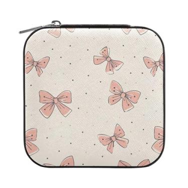 Imagem de SEHANY Caixa de joias personalizada com laço rosa para mulheres, meninas, mini estojo de joias de couro PU, organizador de joias de viagem, caixa de joias para brincos, anéis, colares, presentes para